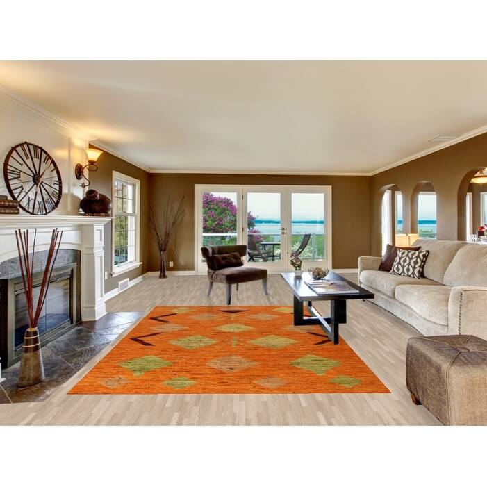 Moroccan Oriental Area Rug Handmade Geometric Orange Wool Carpet - 6'10" x 10'0"