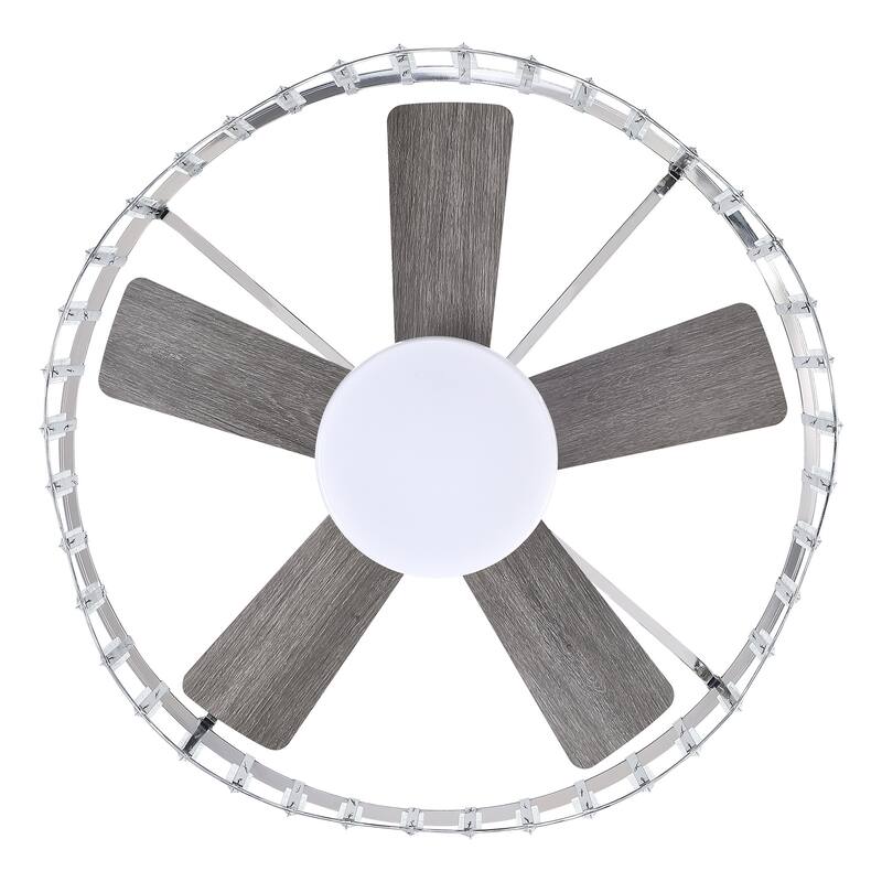27" Modern Flush Mount Ceiling Fan Caged Crystal Fandelier Low Profile Ceiling Fan in Brushed Nicke