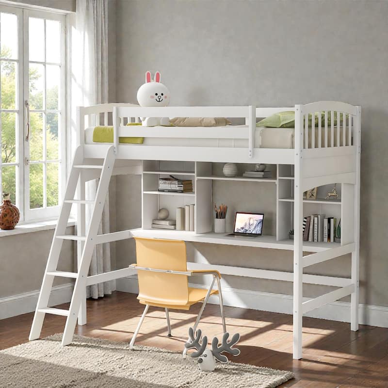 Twin Loft Bed with Desk and Storage Shelves, Solid Wood Loft Bed Frame with Ladder, Space Saving Design - White - Twin