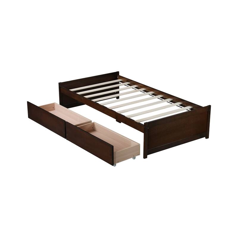 Twin Size Storage Bed with 2 Drawers Solid Rubber Wood Platform Bed, No Headboard