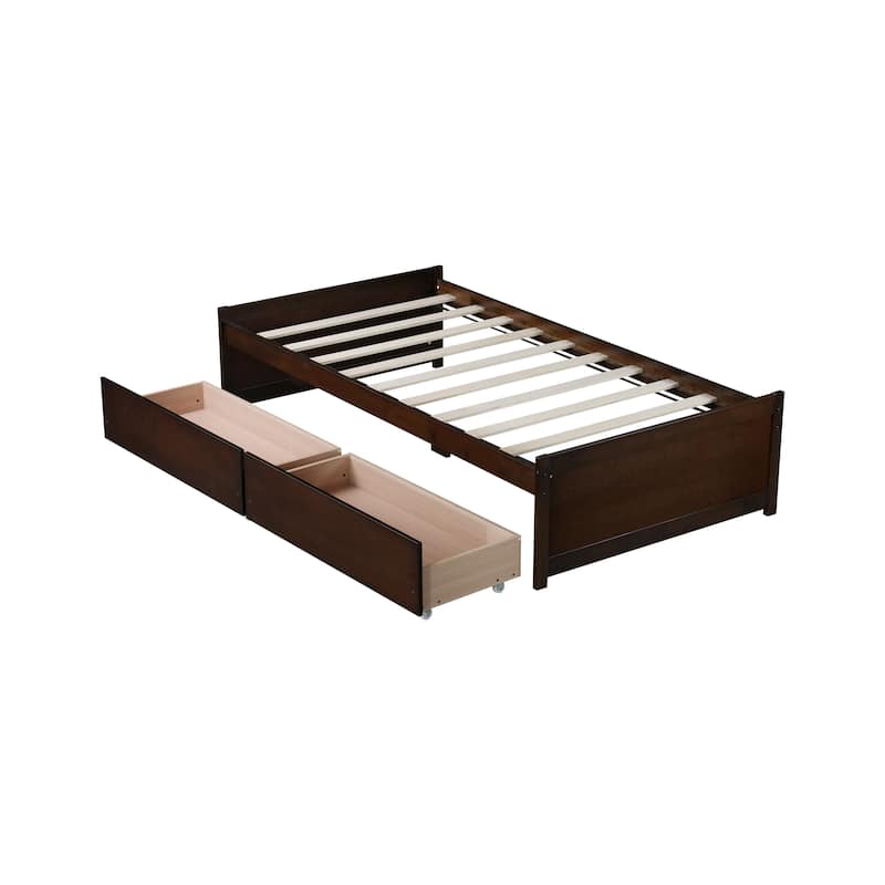 Twin Size Wood Platform Bed Frame with 2 Storage Drawers, Wooden Slats Support, Twin Bed Frame for Teens, Adults, Easy Assembly