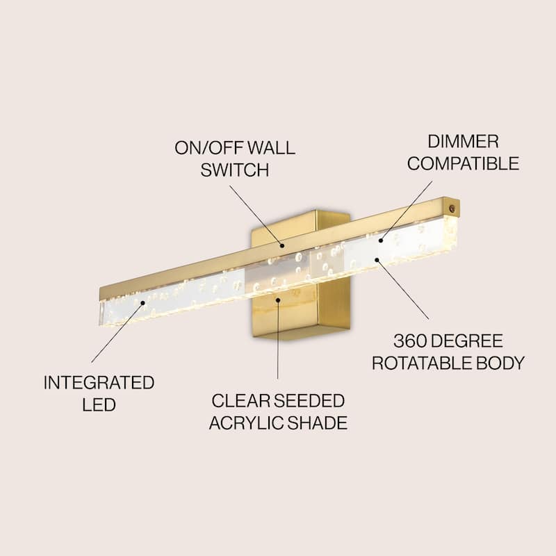 Baxter 22" 1-Light Modern Contemporary 360-Degree Rotatable Iron/Seeded Acrylic Integrated LED Vanity Light, by JONATHAN Y