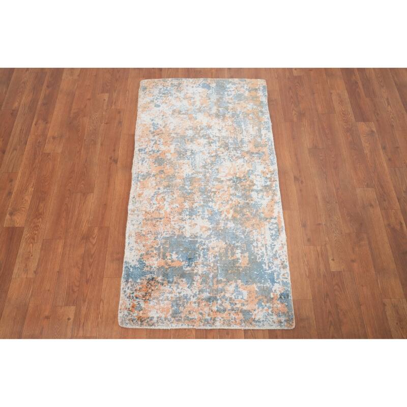 Hand Knotted Oriental Viscose Silk Carpet Modern All-Over Multi-Colored Abstract Area Rug - 4' 0'' X 2' 0''