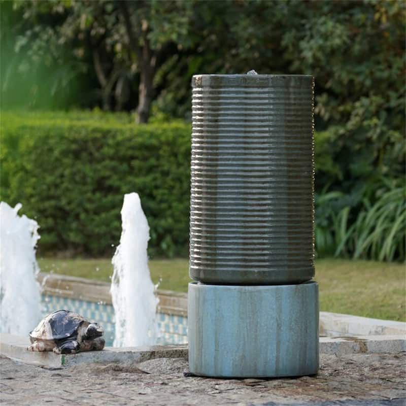 Large Round Ribbed Tower Water Fountain - Green