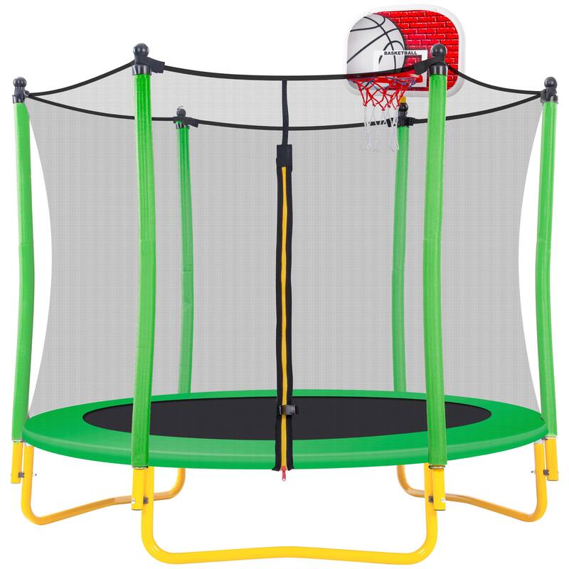 Kids Recreational Trampoline - Basketball Hoop, Safety Enclosure Net, Ladder, Easy Assembly - Grass Green - 65