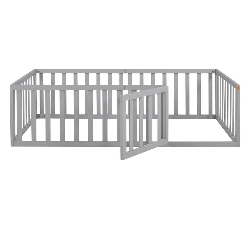 Twin Size Wood Daybed Frame with Fence and Door, Gray