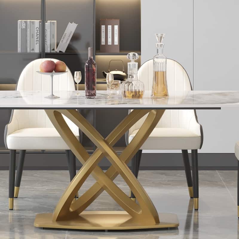 71'' Modern Dining Table with Rectangular Sintered Stone Tabletop and Gold Base