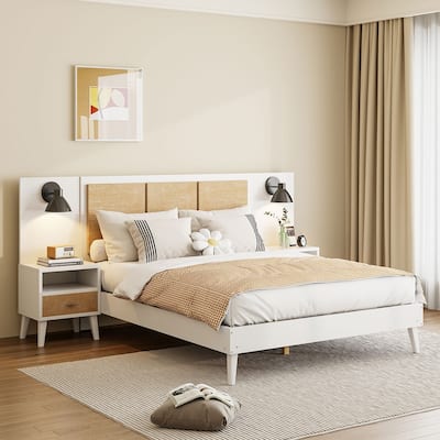 3-Piece Bedroom Set, Queen Size Bed Frame with 2 Nightstands, Multifunctional Rattan Platform Bed with 2 Bedside Lamps
