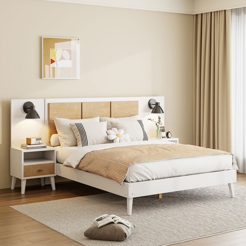 3-Piece Bedroom Set, Queen Size Bed Frame with 2 Nightstands, Multifunctional Rattan Platform Bed with 2 Bedside Lamps