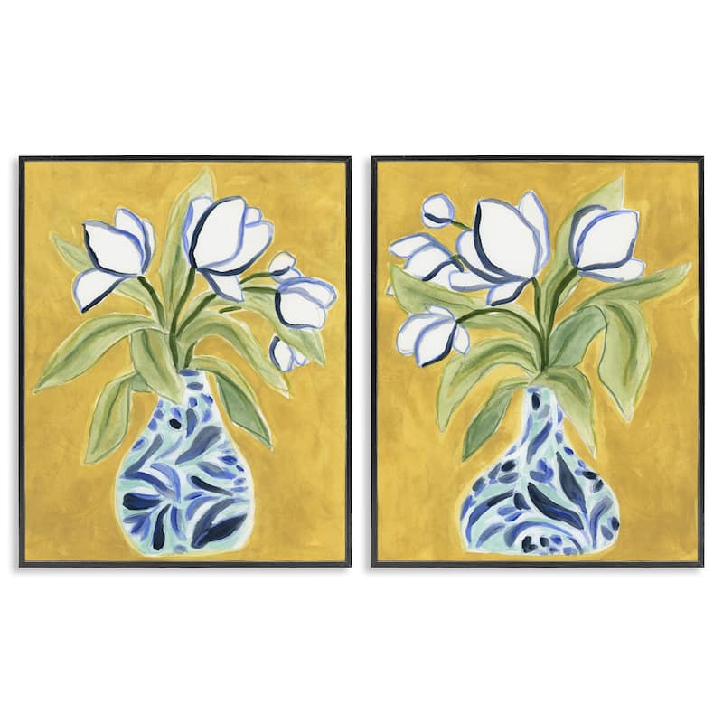 Stupell Tulip Vases on Yellow Framed Giclee Art Design By June Erica Vess (Set of 2) - 16 x 20 - Black