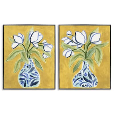 Stupell Tulip Vases on Yellow Framed Giclee Art Design By June Erica Vess (Set of 2)