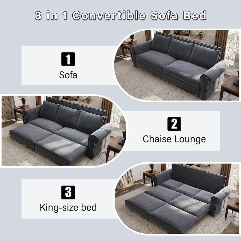 93.7"Velvet 3-Seater Sleeper Sofa 3-in-1 with Rolled Arms & Nailhead Trim
