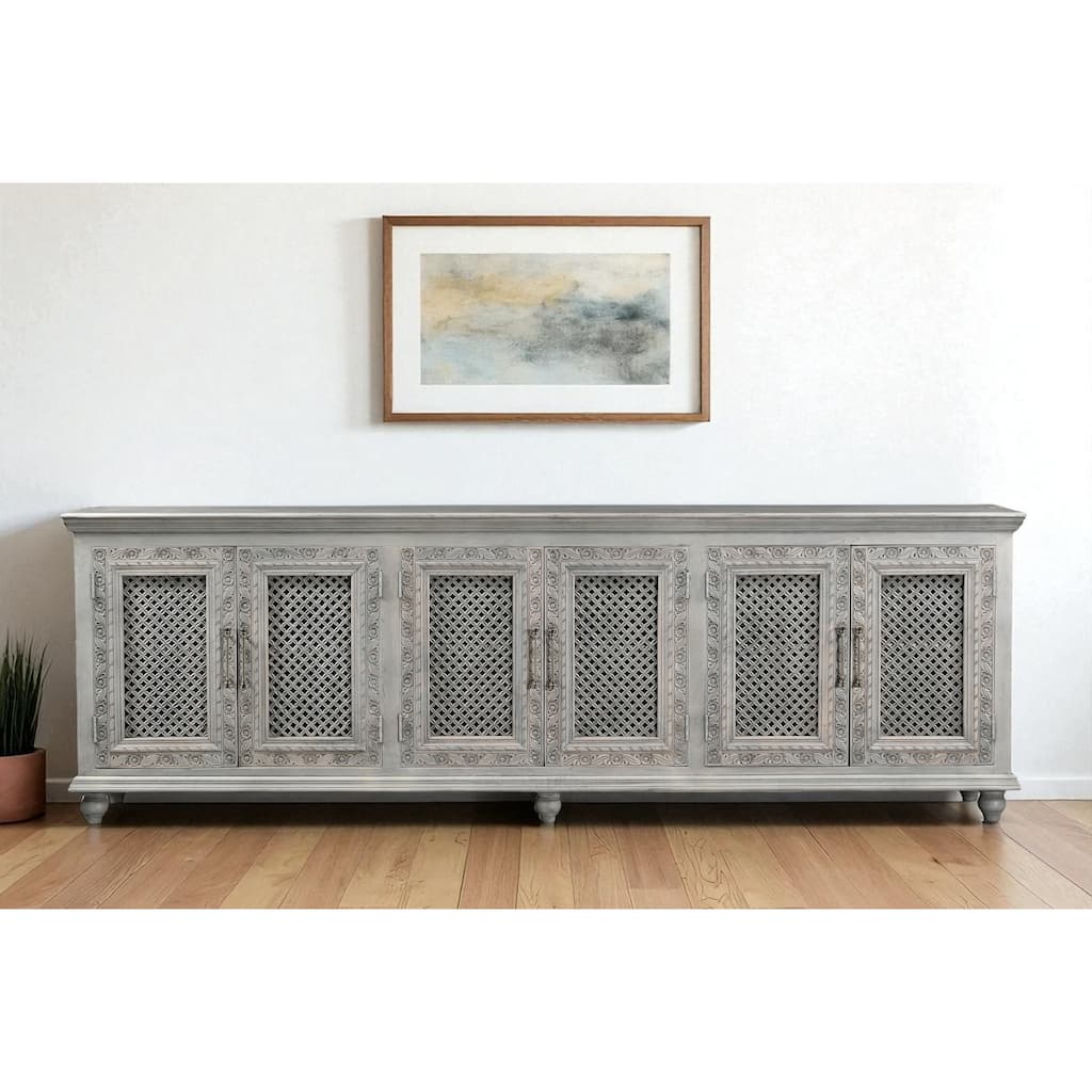 HomeRoots 111" Gray Distressed Solid Wood Carved Floral Sideboard with Six Doors - 111.00 in. x 37.00 in. x 17.00 in.