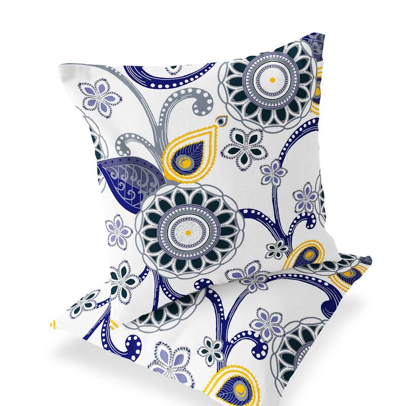 HomeRoots Set of Two 16" X 16" Blue and White Blown Seam Floral Indoor Outdoor Throw Pillow - 16.00' X '16.00' X '5.00
