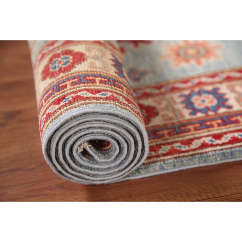 Light Blue Geometric Kazak Runner Rug Hand-Knotted Wool Carpet - 2'8" x 6'6"