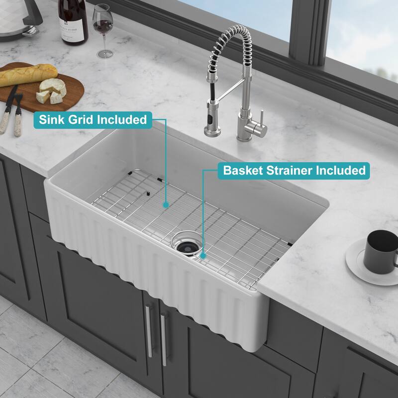 33" Farmhouse Sink - Kitchen Sink Apron-front White Porcelain Ceramic Reversible Single Bowl Kitchen Farm Sinks