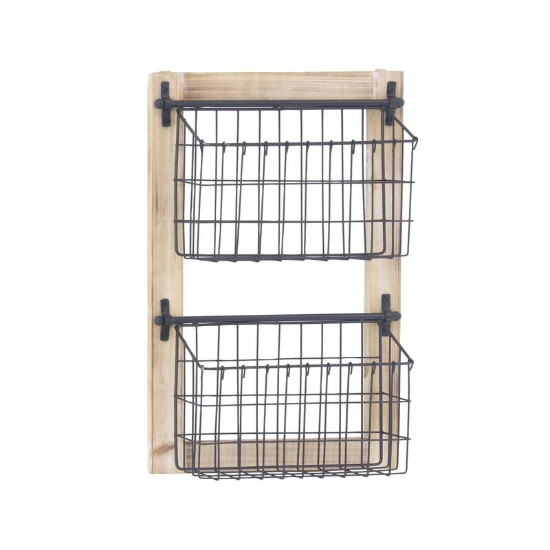 Black Metal 3 or 2 Slot Magazine Rack Holder with Wood Frame and Suspended Wire Baskets