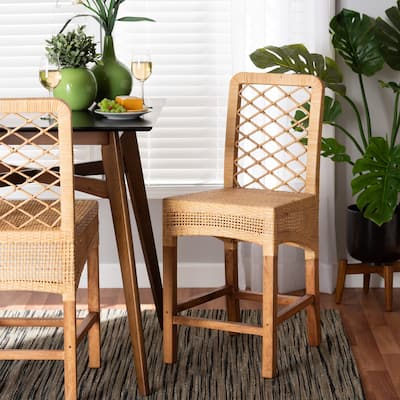 Moscow Modern Bohemian Natural Brown Rattan and Wood Counter Stool