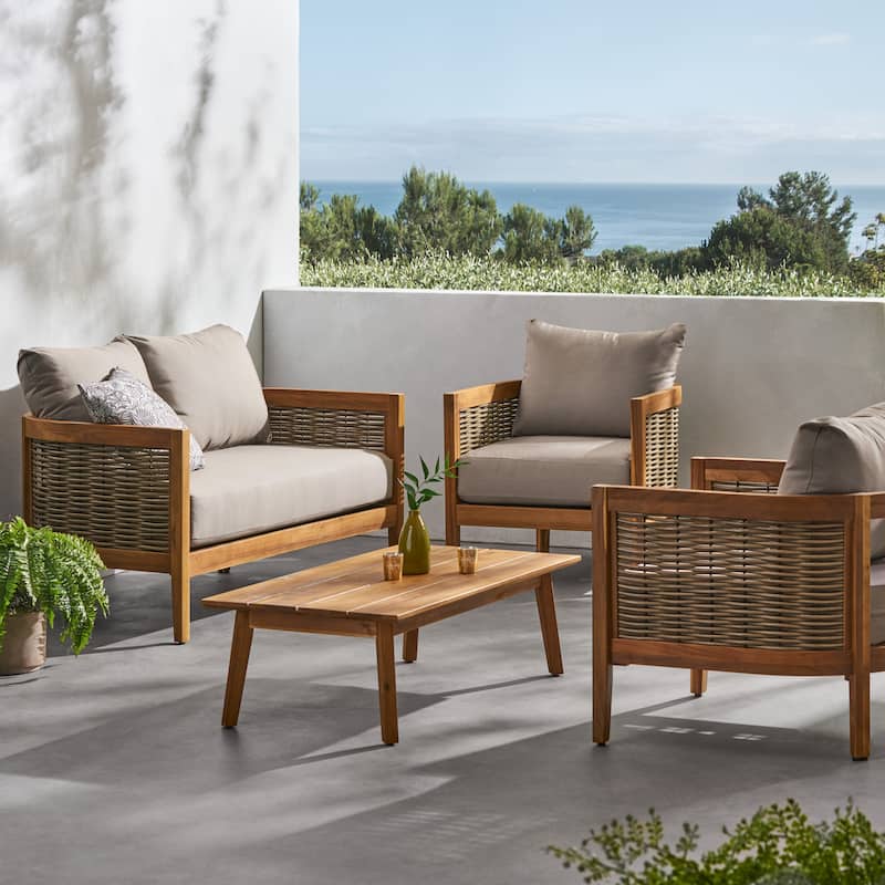 Burchett Outdoor Acacia Wood and Wicker 4 Seater Chat Set with Cushions by Christopher Knight Home