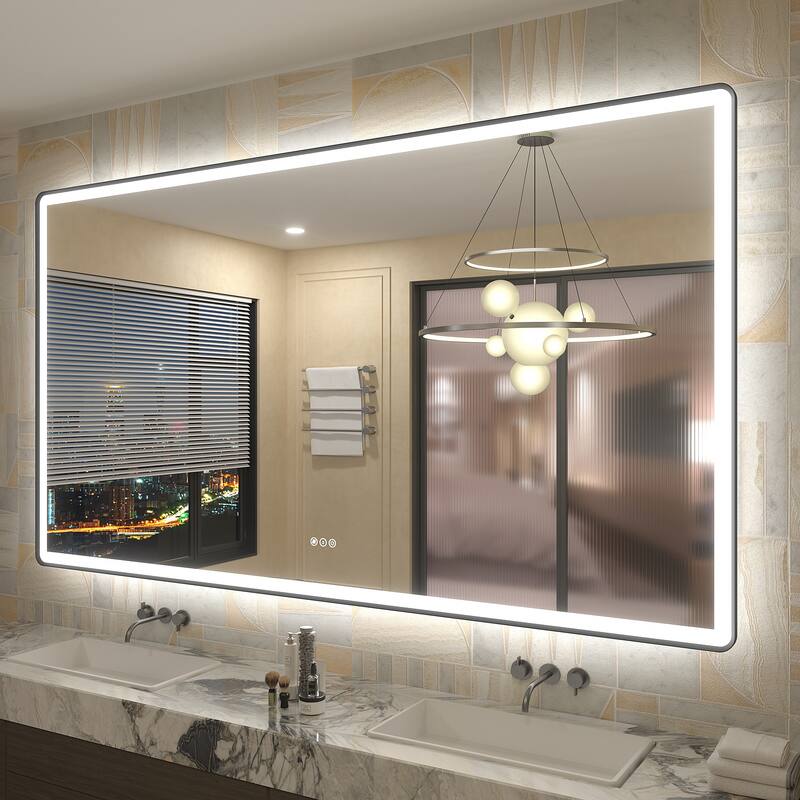 UL Certified Front & Back LED Anti-Fog Tempered Glass Framed Bathroom/Vanity Mirror 3-Year Warranty - 84" x 32"-Rounded Corner - Black