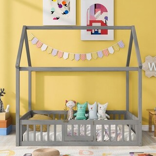 Full Size Wood House Bed with Window and Fence, Natural(Old SKU: WF304147AA)