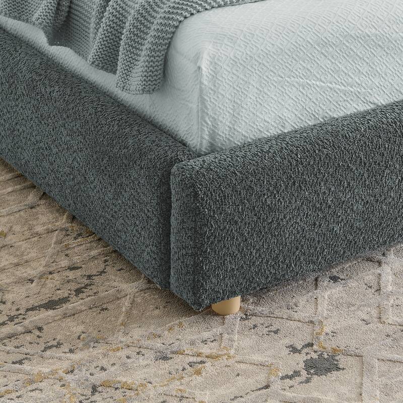 King Size Upholstered Bed Frame Modern Minimalist Style - Circle Yarn Fabric, Tall Curved Headboard