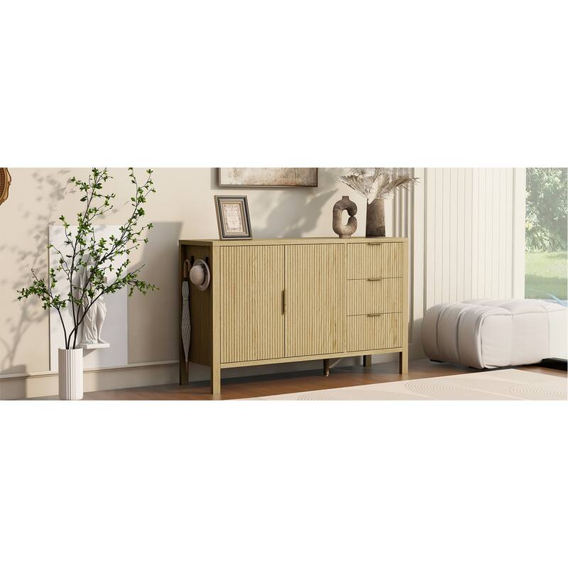 Roomfitters Sideboard Buffet Cabinet with 3 Drawers, 2 Door Mid-century Fluted Accent Storage for Kitchen & Dining