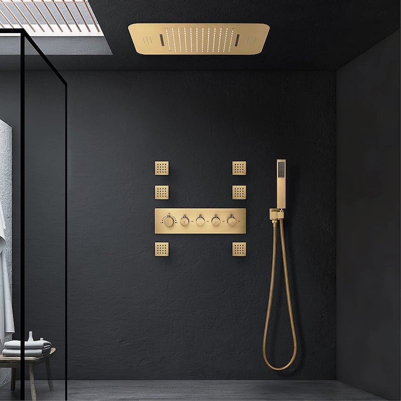 DeerCreek 23" Shower System- LED Music Railfall Waterfall Thermostatic Faucet w/ Jets - BG - Brushed Gold