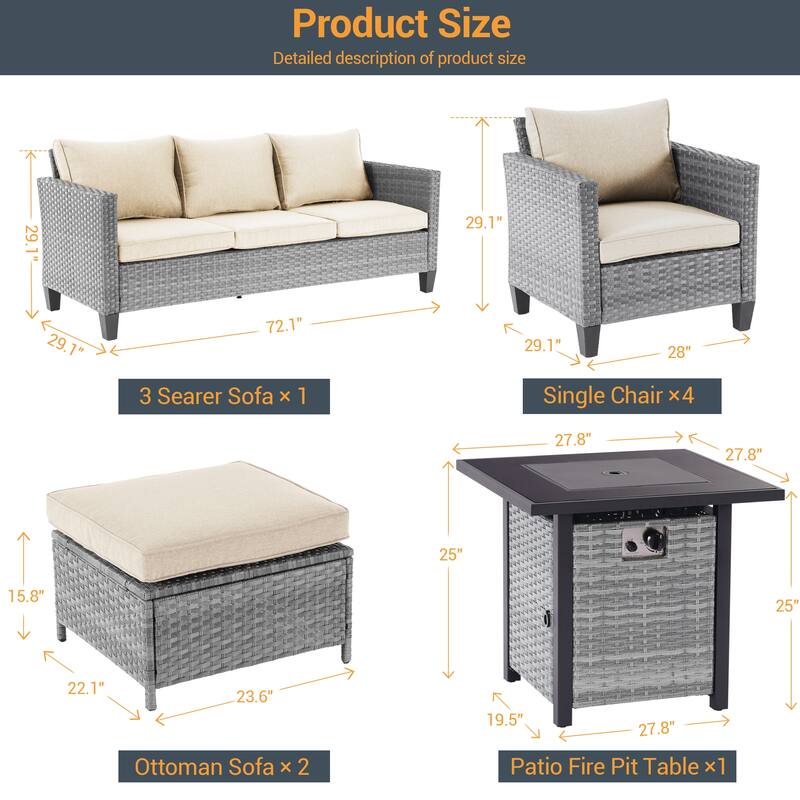 Livoosun 8 Pieces Patio Sofa with 28'' Fire Table Set, PE Wicker, Wide Armrests High Back Sofa Chair Design for Lawn, Patio