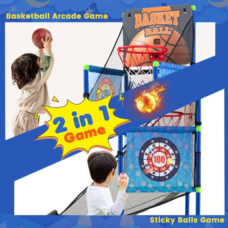 2-in-1 Kids Basketball Arcade & Sticky Balls Game w/Scoreboard Sound