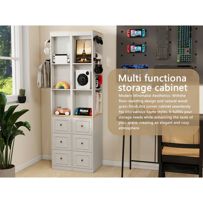 73'' Tall Slim Storage Cabinet with 3 Drawers, Hooks & 3-Tier Shelves, Media Tower for Books, CDs, DVDs, Games & Consoles