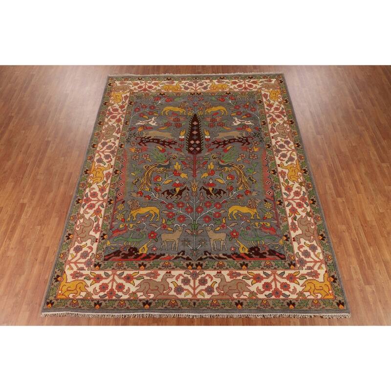 Hunting Animals Ziegler Indian Area Rug Hand-Knotted Wool Carpet - 9'1" X 11'10"