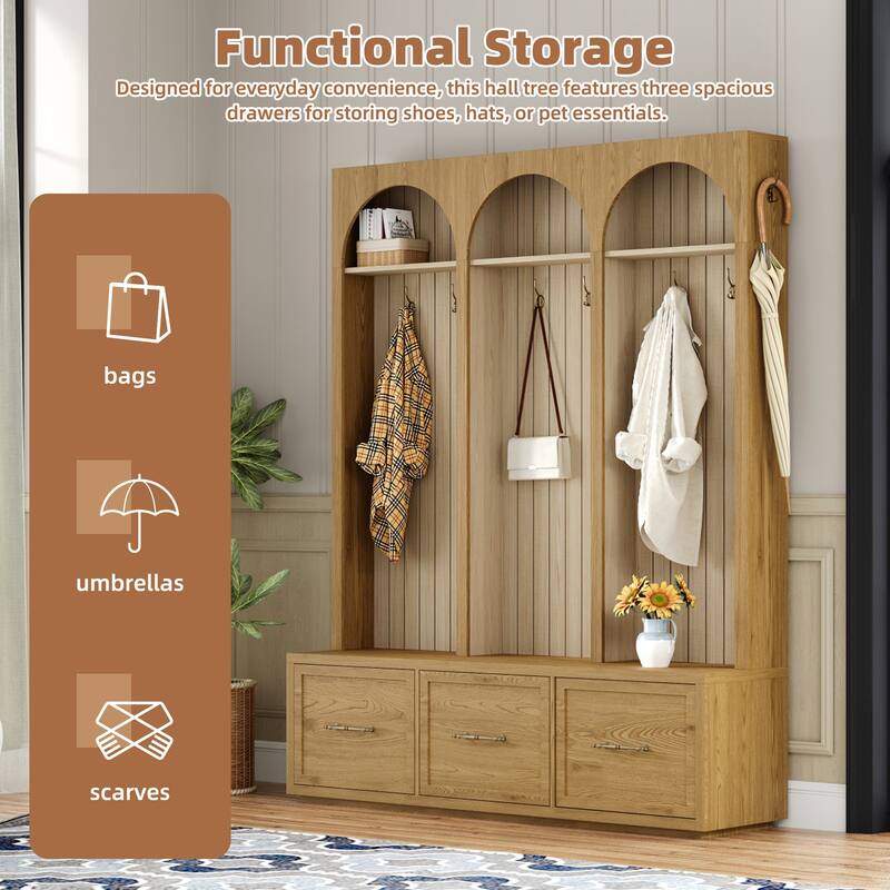 Farmhouse Hall Tree with 3 Drawers and 8 Hooks Oak Wood Bench and Coat Rack