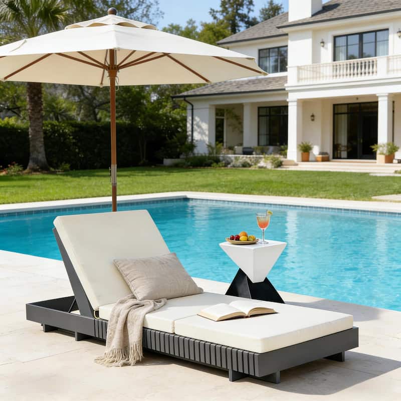 Christopher Knight Home - Kim Lounge Chaise Modern Outdoor Wooden Set with Triple-Fold Lounge Cushion - Gray Chaise_Cream Cushion+Single