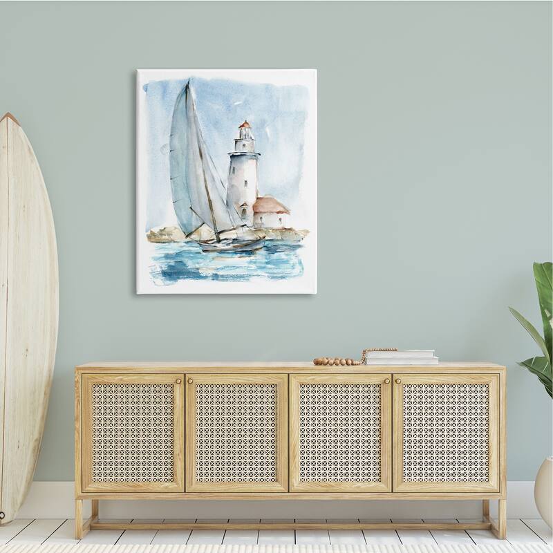 Stupell Lighthouse Tower Beacon Sea Sail Boat Nautical Outdoors Canvas Wall Art - Blue