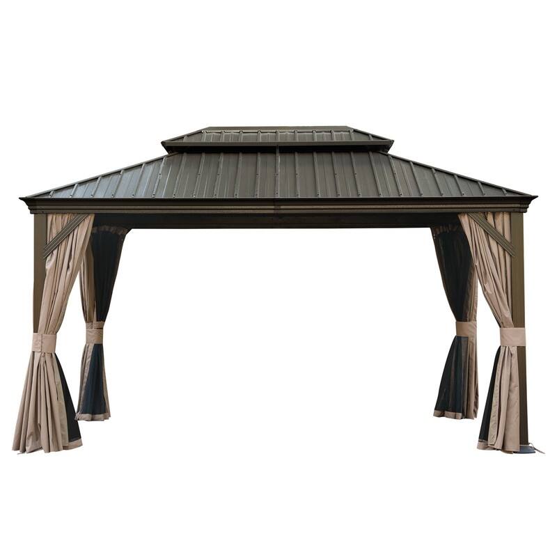 Domi Hardtop Gazebo with Galvanized Steel Double Roof and Aluminum Frame - 12'x16' - Dark Brown
