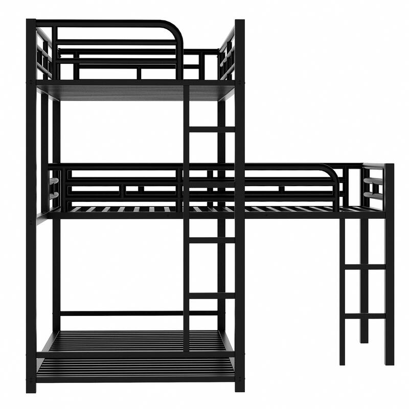 Industrial Black LShaped Metal Triple Bed Twin Size Bunk Bed, 77.95''L*77.2''W*74''H, 126LBS