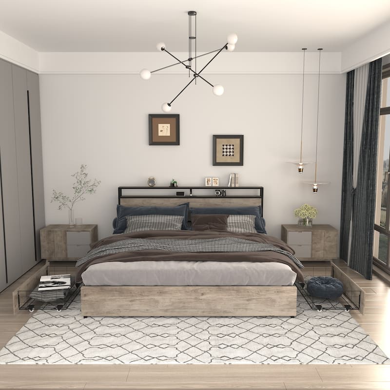 Full Bed Frame with Storage Headboard, Charging Station, LED Lights, Easy Assembly, Durable Metal Frame - Gray Wash