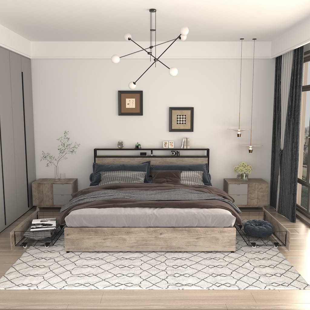 Full Bed Frame with Storage Headboard, Charging Station, LED Lights, Easy Assembly, Durable Metal Frame