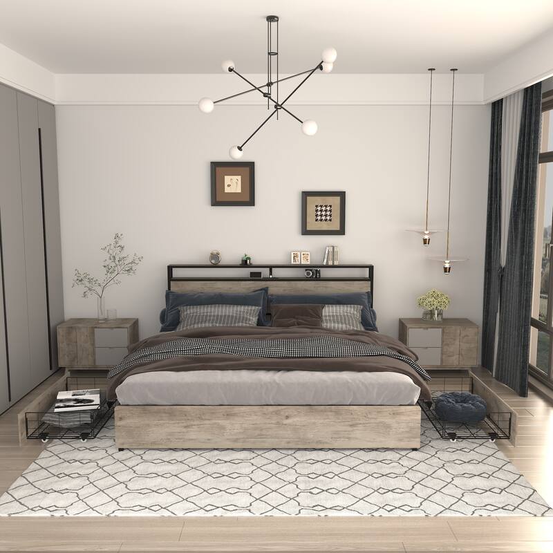 Queen Bed Frame with Storage Headboard, Charging Station, LED Lights, and Easy Assembly