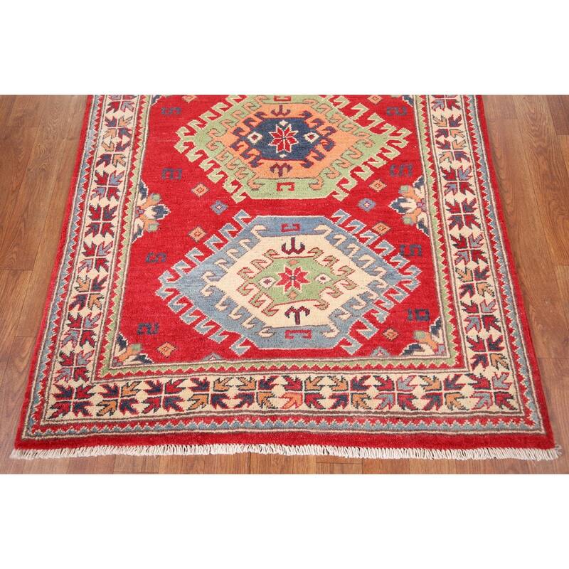 Geometric Kazak Accent Rug Hand-Knotted Red Wool Carpet - 3'4" x 4'7"