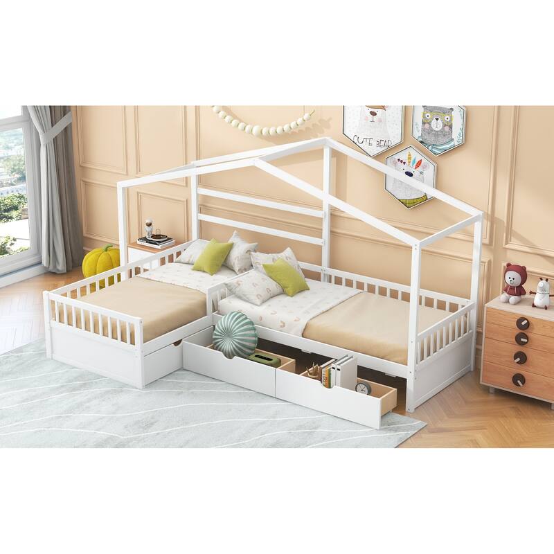 L-Shape Double Twin Size Pine Wood House Platform Bed with 3 Storage Drawers