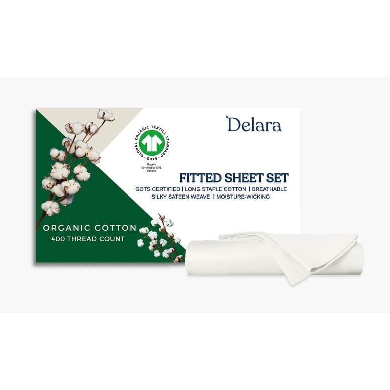 Delara GOTS Certified 100% Organic Cotton Fitted Sheet Set, 400TC Long Staple Cotton, Moisture-Wicking, Smooth & Breathable - Ivory - King