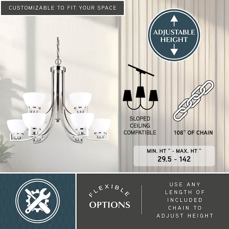 Metropolis 9 Light 2 Tier Satin Nickel Chandelier White Glass - 32-in W x 25.5-in H x 32-in D