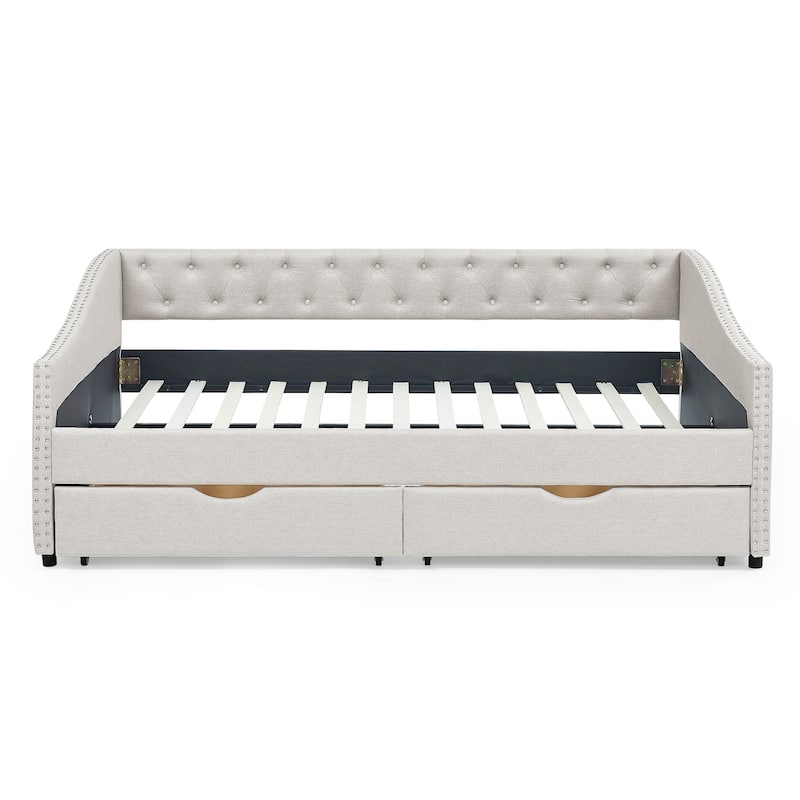 Mid-Century Linen Upholstered Daybed Platform Bed Frame with Storage Drawers, Button Tufted Back and Nailhead Trim Arms