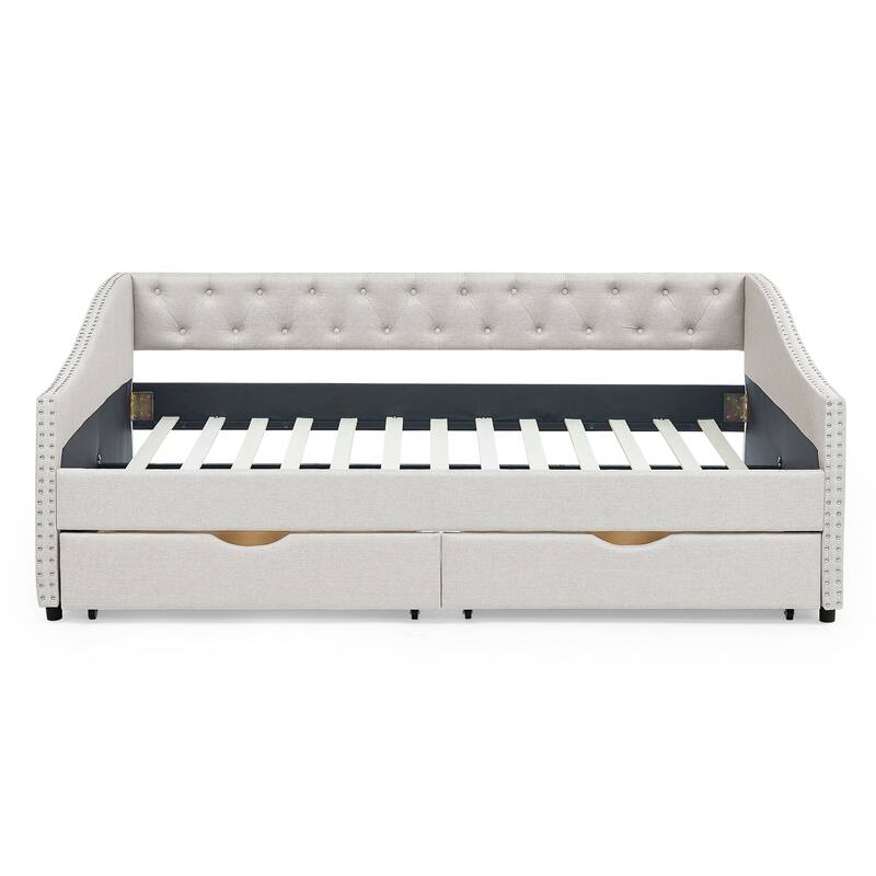 Roomfitters Twin/Full/Queen Upholstered Daybed with Tufted Backrest, Nailhead Trim and Underbed Storage Trundle