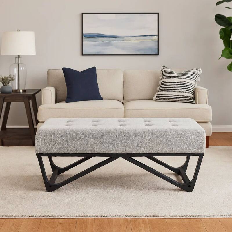 Liba Ottoman Bench, Button Tufted Beige Fabric, Black Frame, 47 Inch