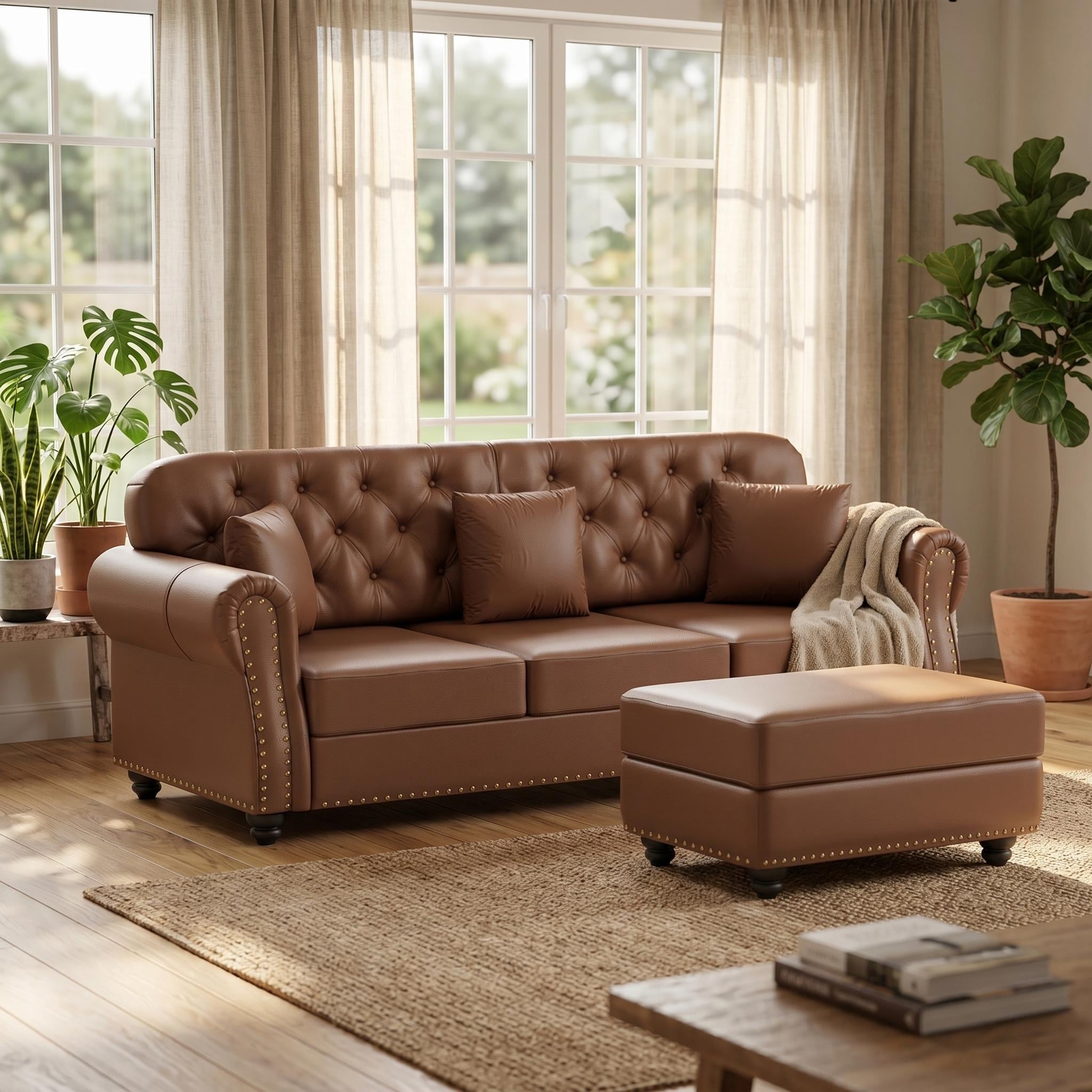Homy Casa Chesterfield Faux Leather Sofa Couch with Ottoman, Tufted Rolled Arms Nailhead Trim Living Room Set - 3Seat + 1Ottoman