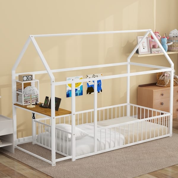slide 2 of 18, Twin Size Metal Bed House Bed Frame with Desk, Shelves, Power Outlets and USB Ports, White White