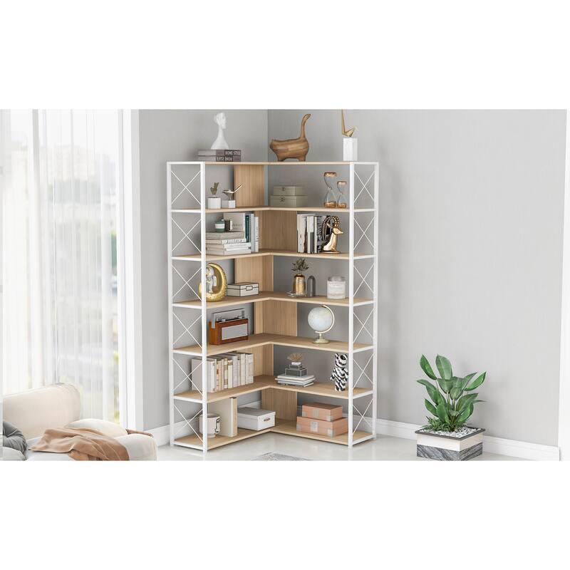 7-Tier Bookcase Home Office Bookshelf, L-Shaped Corner Bookcase with Metal Frame